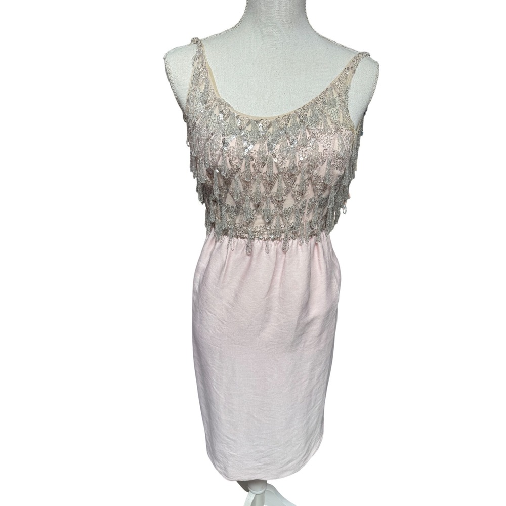 Vintage 60s Pink Sequin Beaded Cocktail Dress Silver Fringe Sheath Sleeveless